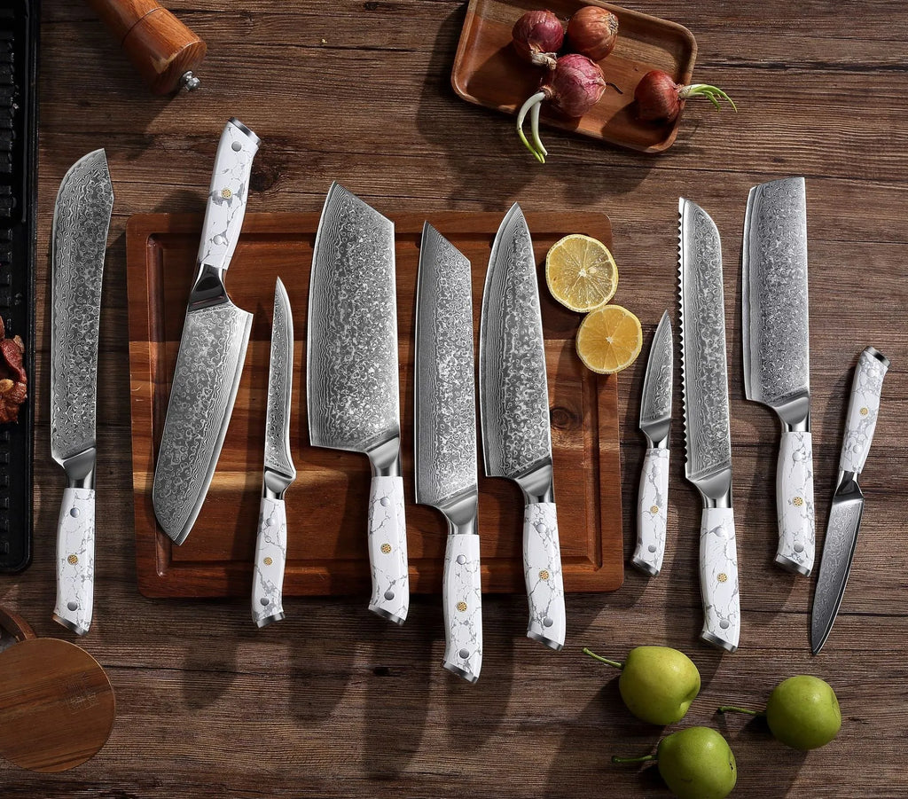 Damascus pattern chef knife with VG10 steel blade measuring 21cm, shown on a kitchen counter.