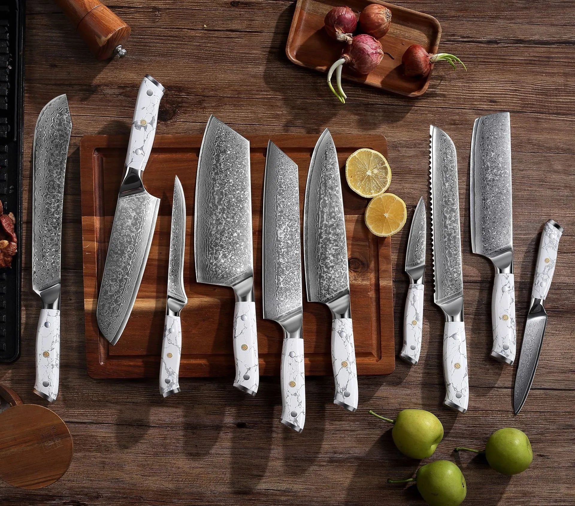 Damascus pattern chef knife with VG10 steel blade measuring 21cm, shown on a kitchen counter.