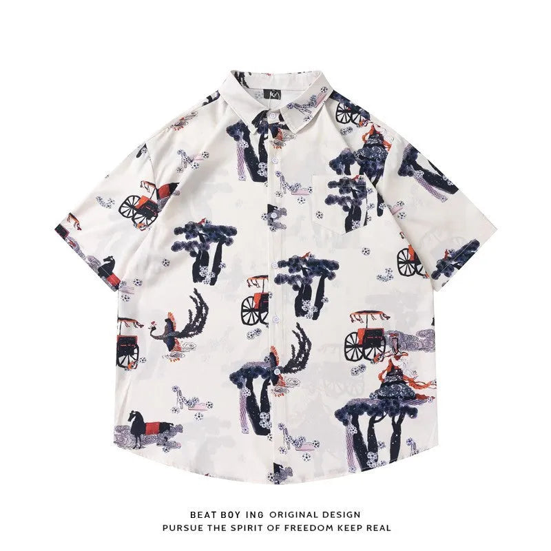 Loose short sleeve shirt with floral print, worn open as a cardigan-style top.
