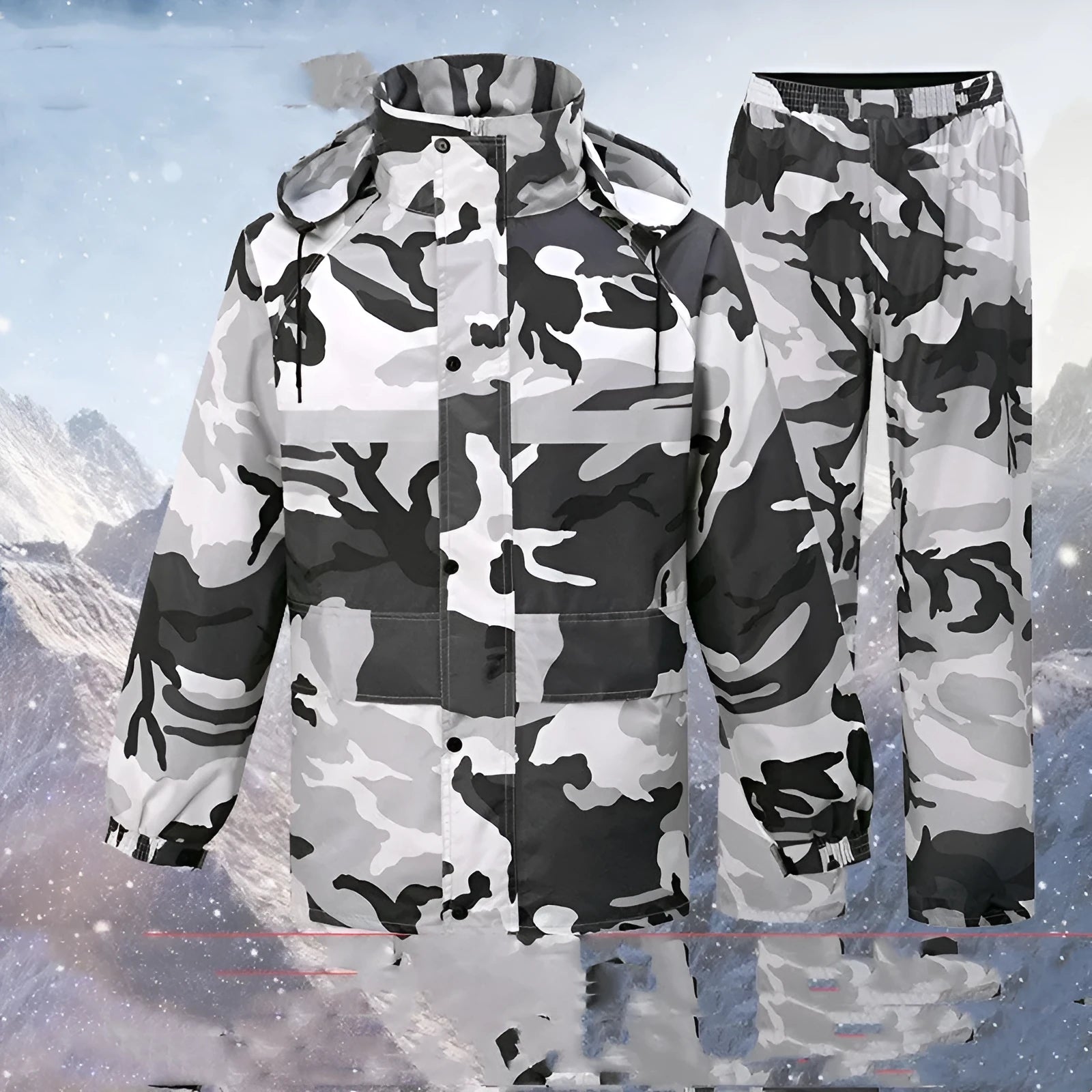Gray camouflage raincoat and rain trousers suit for men, two-piece set with PVC waterproof coating, on white background.