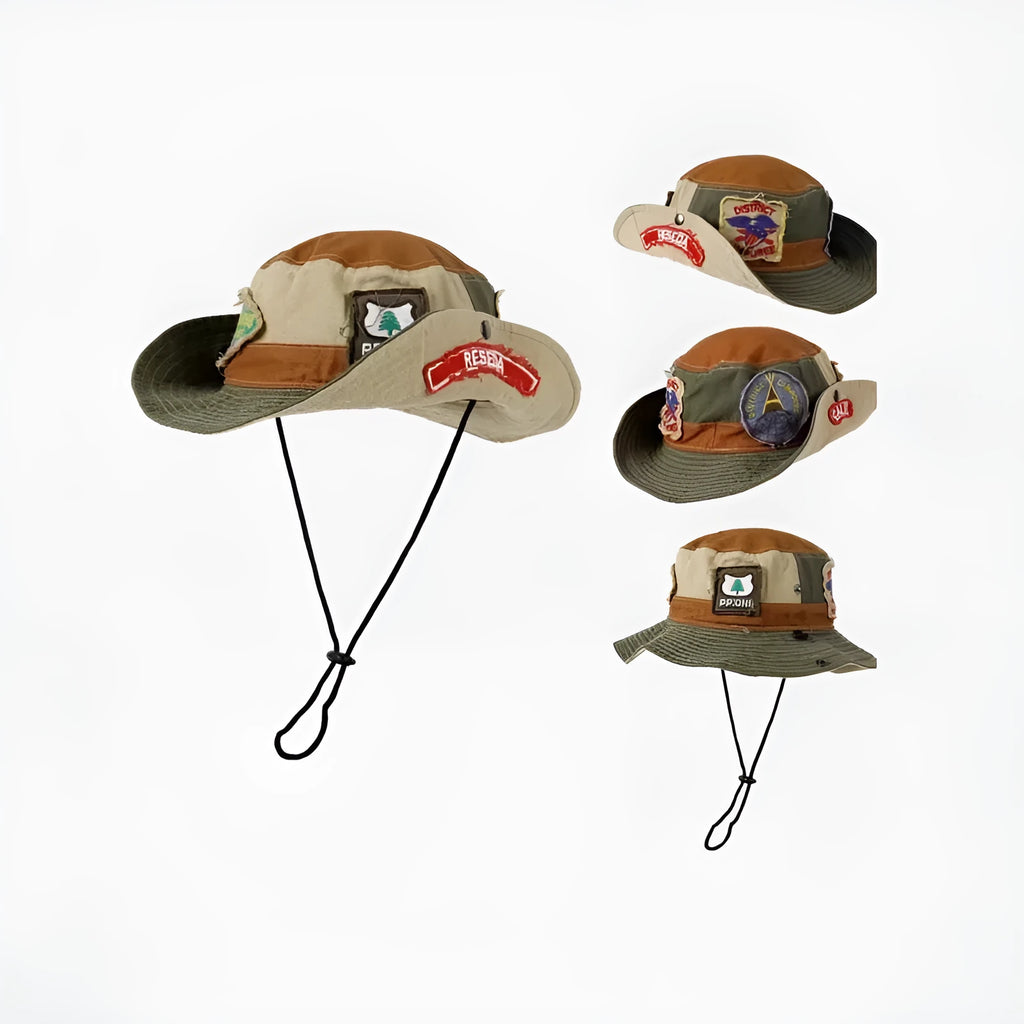 Army green cotton foldable fisherman hat with flat top crown and hand-painted punk details