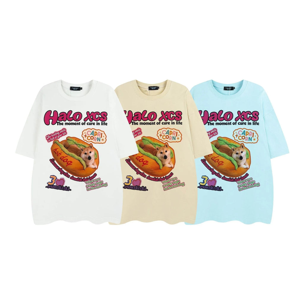 Cartoon hamburger dog printed loose fit cotton T-shirt in white colour