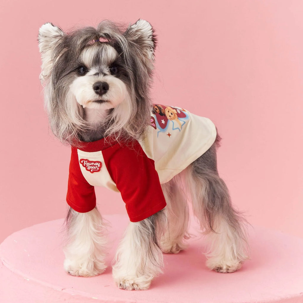 Red cotton dog t-shirt for summer on a small dog