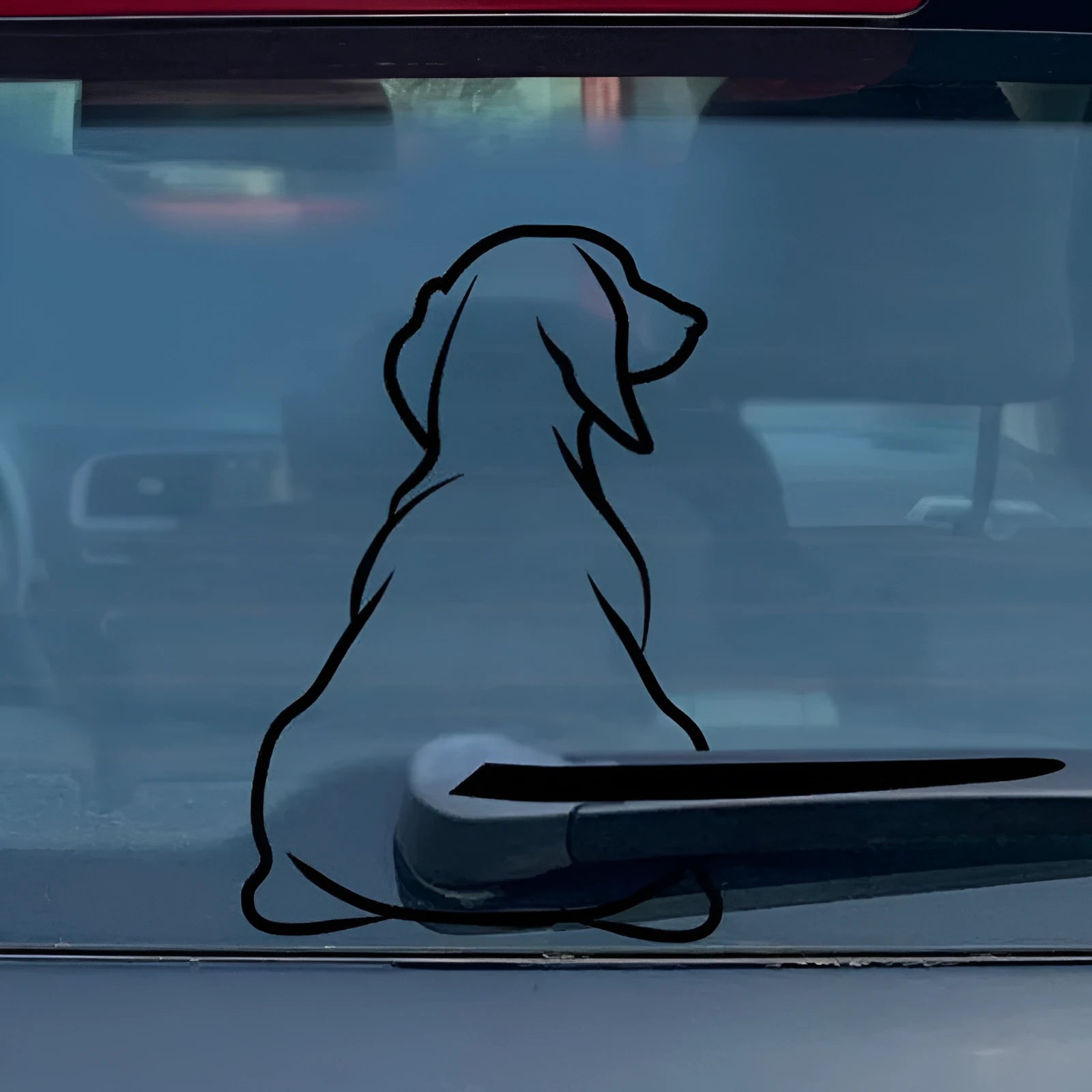 Black and white cartoon dog car sticker with wiper tail, dimensions 21cm by 33cm.