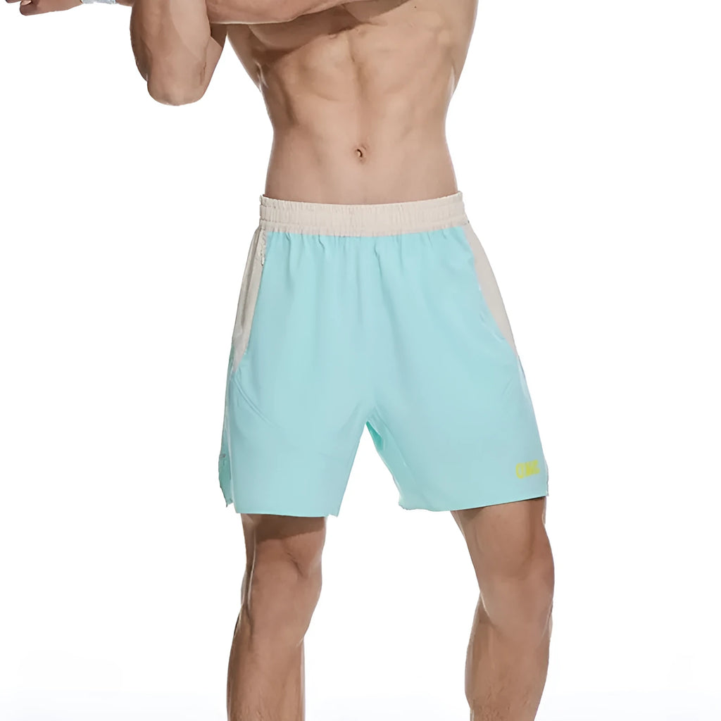 Men's loose grey workout shorts with an elastic lace-up waistband for gym training