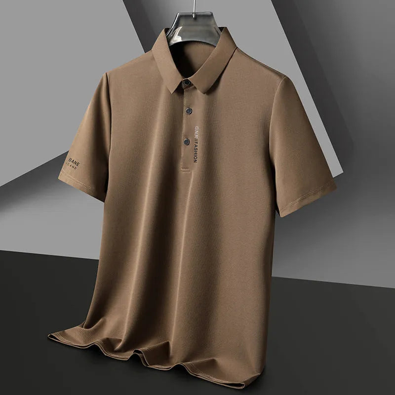 Men's waffle short sleeve polo shirt, loose fit, polyester, side slits, available in black, green, khaki, and other colours