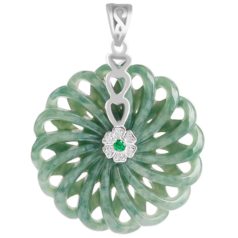 Green jade pendant necklace with silver-plated chain, unisex national style design