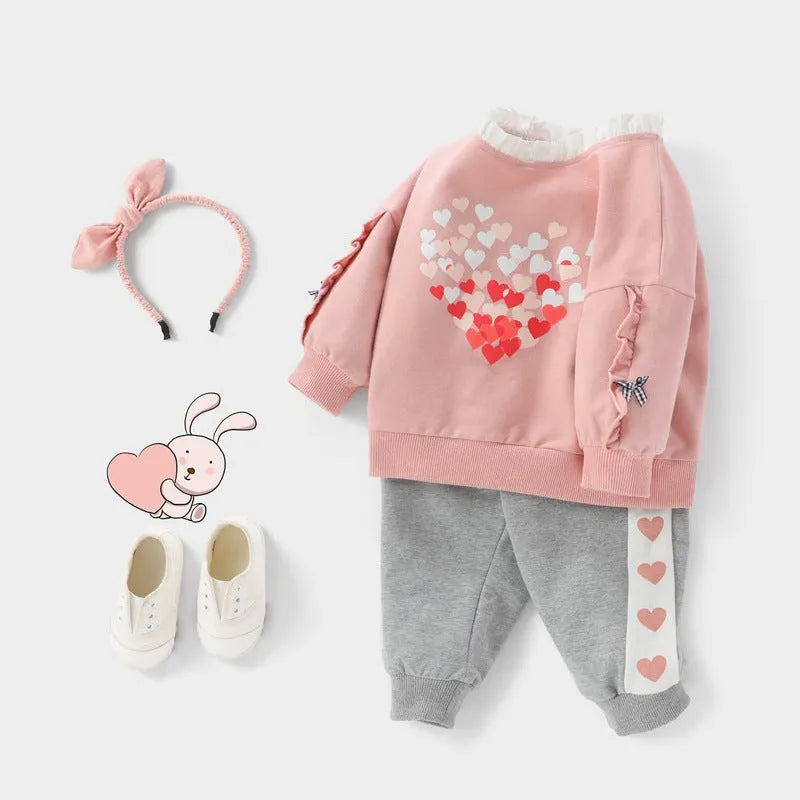 Baby girl cotton autumn suit long sleeve pullover trousers plain Duo Duo Love Suit colour 95% cotton 80-120cm