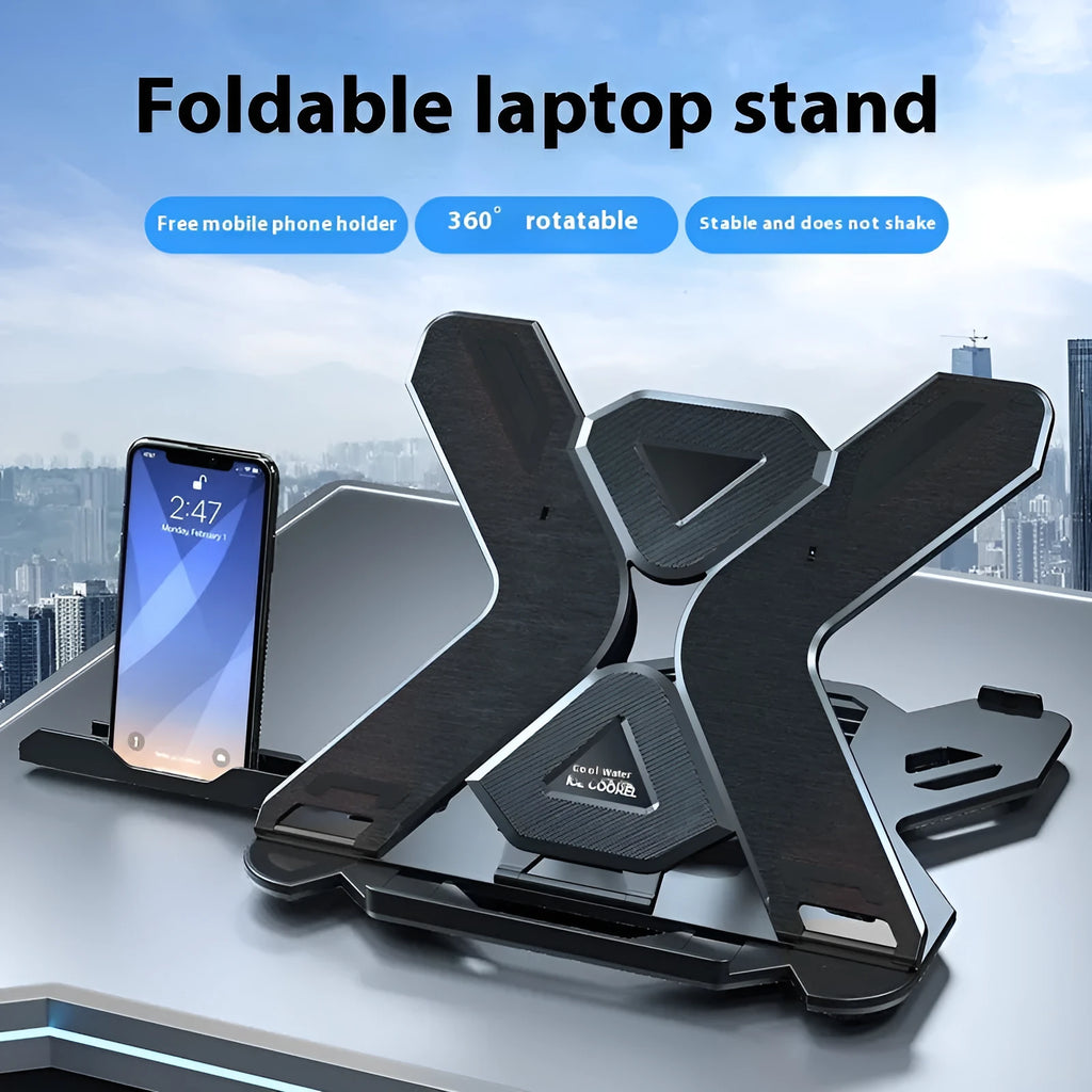 Black and white ABS plastic laptop cooling stand with rotating and non-rotating base options.