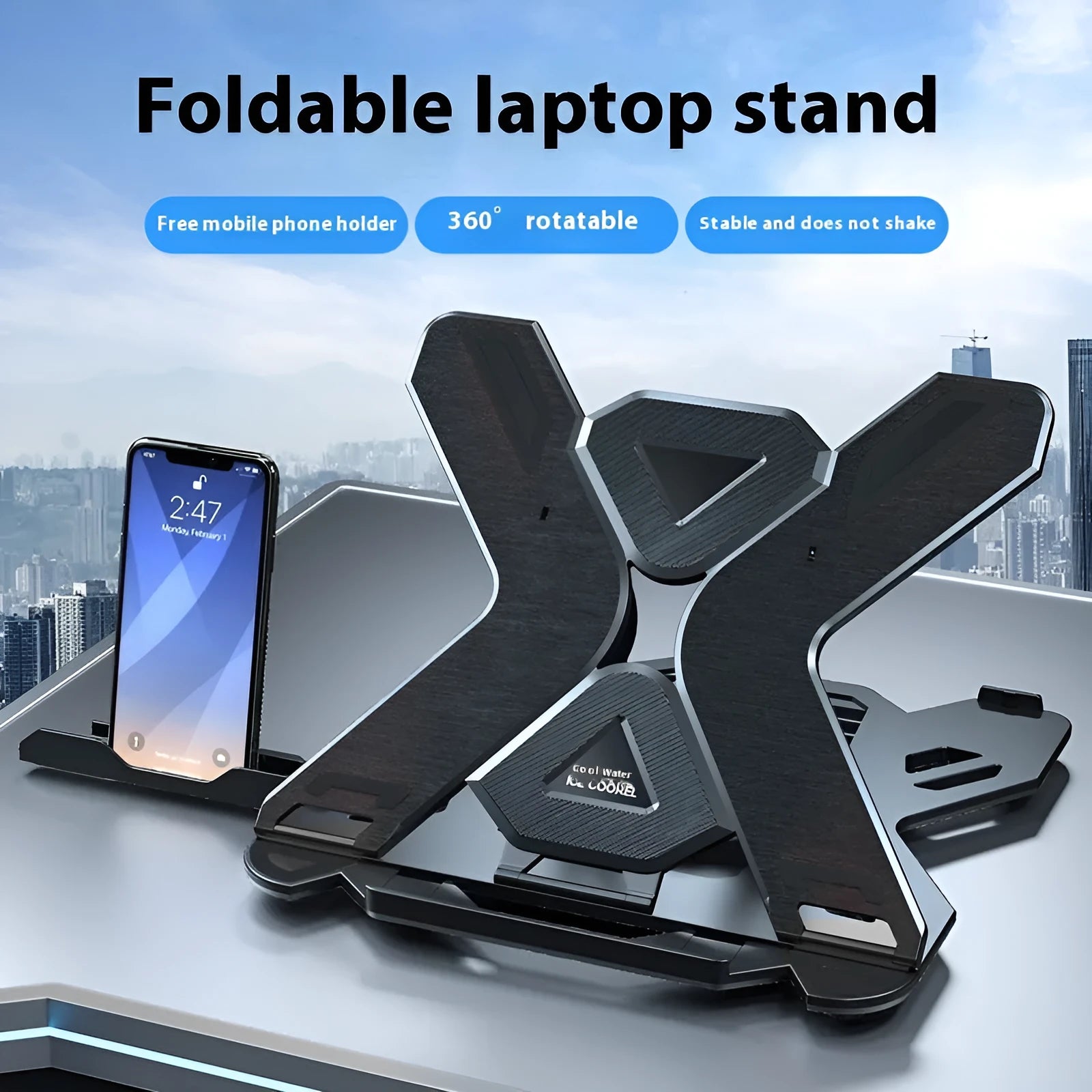 Black and white ABS plastic laptop cooling stand with rotating and non-rotating base options.