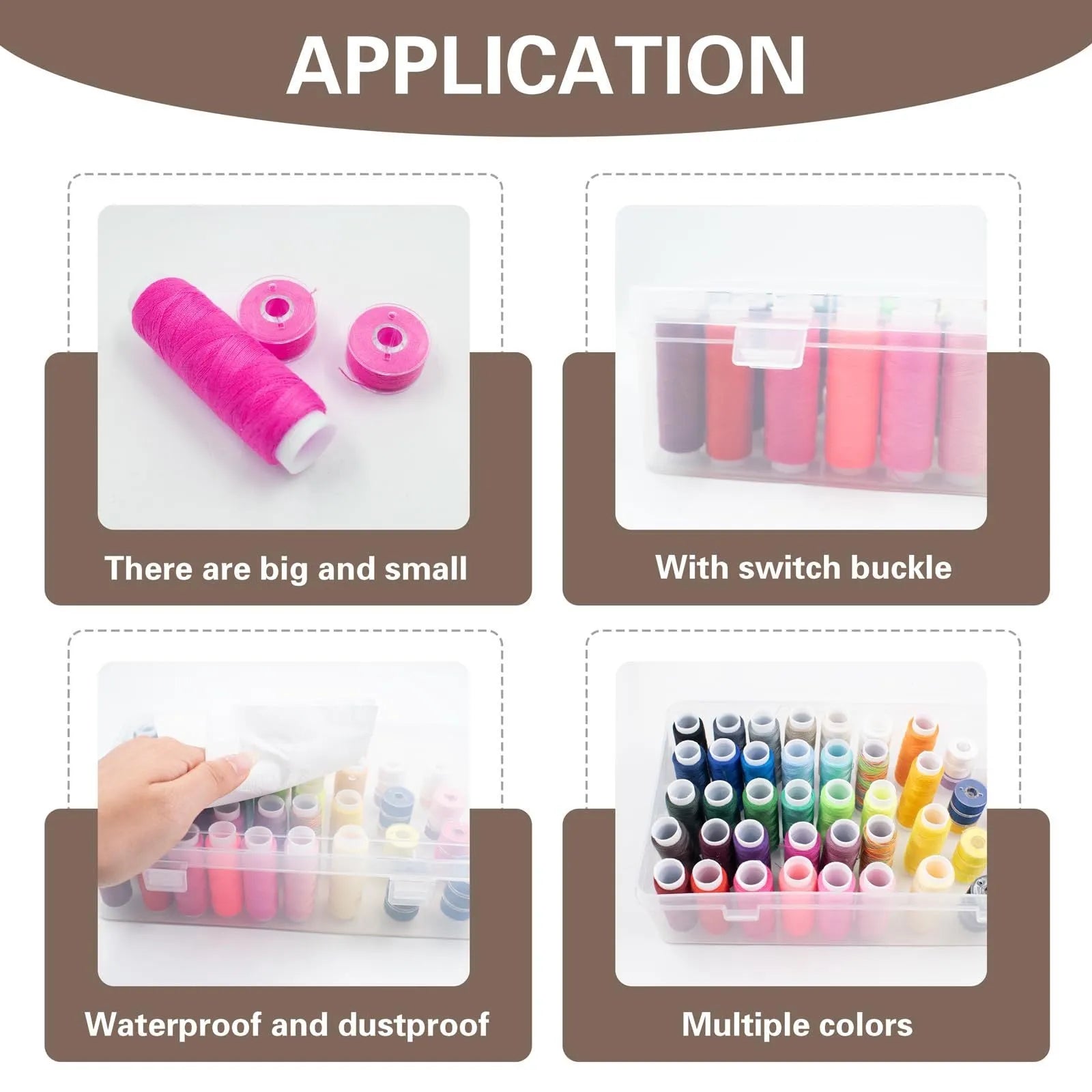 Clear plastic storage box with 42 compartments for embroidery threads and needlework supplies