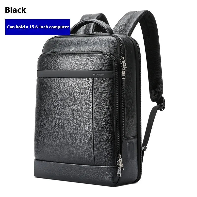 Black business leather backpack with USB charging port and curved shoulder straps