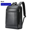 Black business leather backpack with USB charging port and curved shoulder straps
