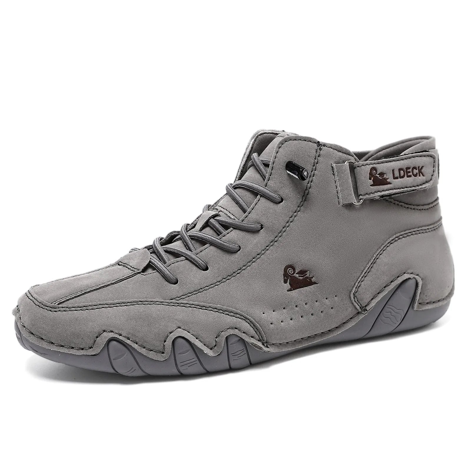 Men's khaki high-top octopus boots with microfiber upper and rubber sole shown on a white background