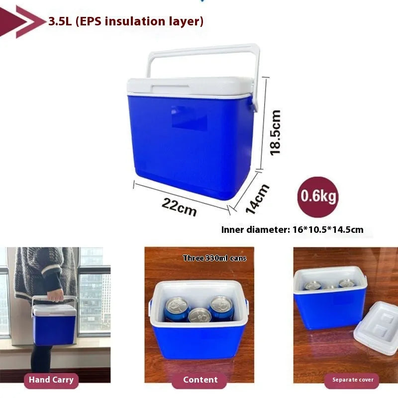 Blue portable insulated cooler box with aluminium foil interior, shown with lid open.
