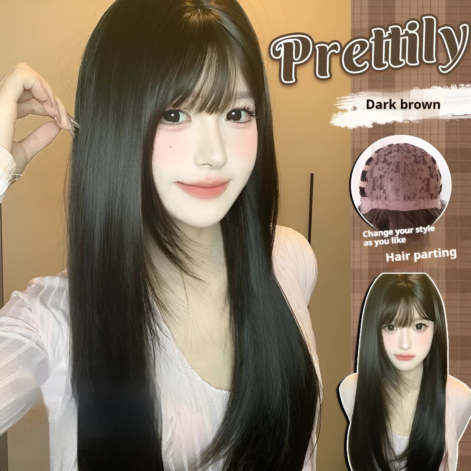 Dark brown long straight synthetic wig with bangs on wig head, showing full-head coverage