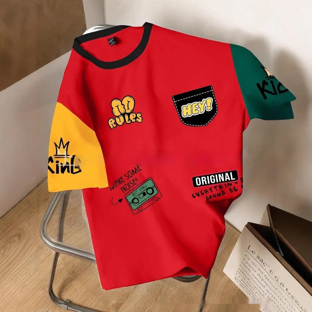Men's loose fit casual t-shirt with digital printed letter pattern on polyester fabric.