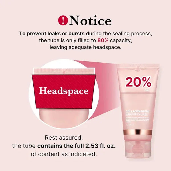 75ml bottle of collagen night face mask with an application brush on a white background.