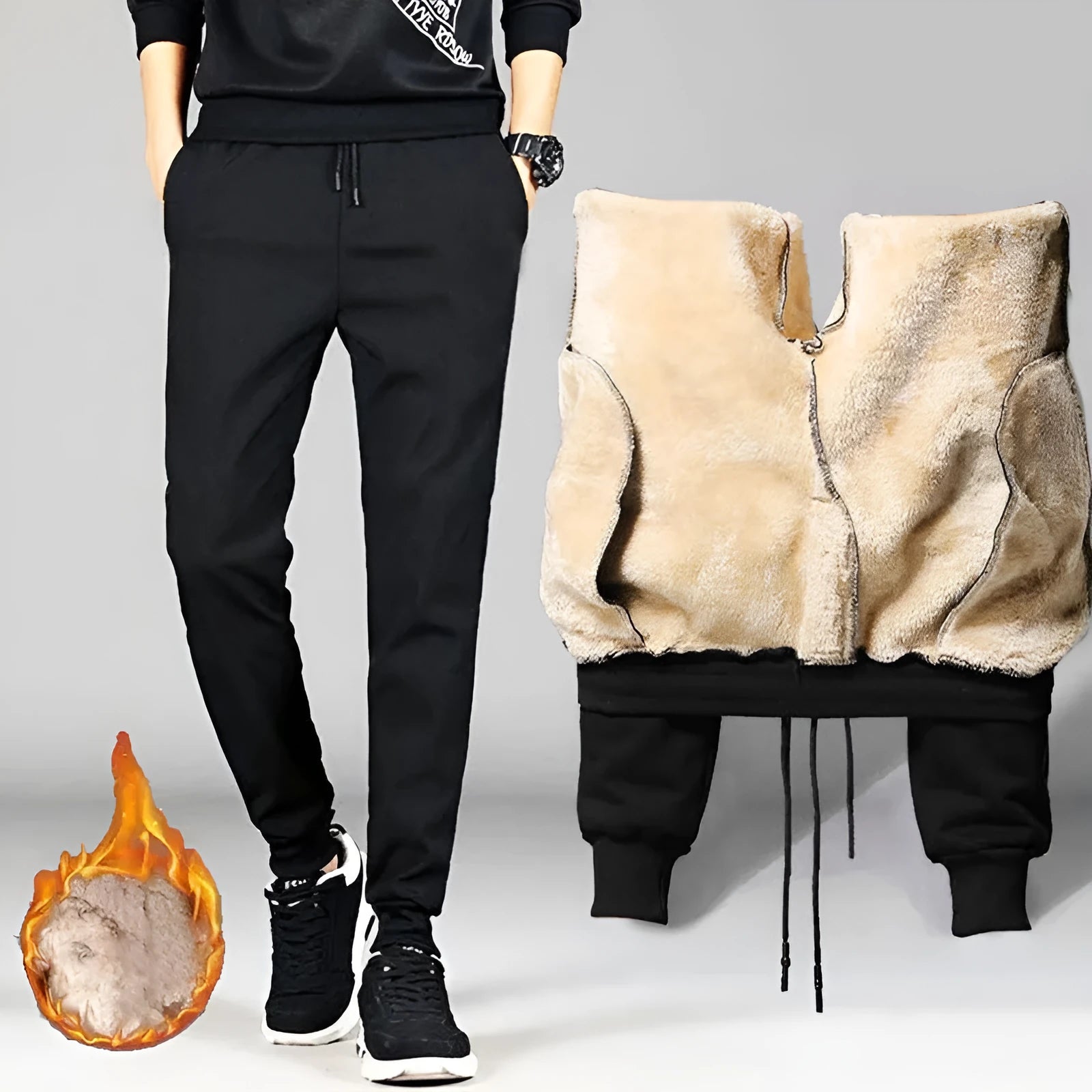 Black fleece lined straight tube trousers with drawstring elastic waist, zippered fly, and belt, sizes M to 5XL