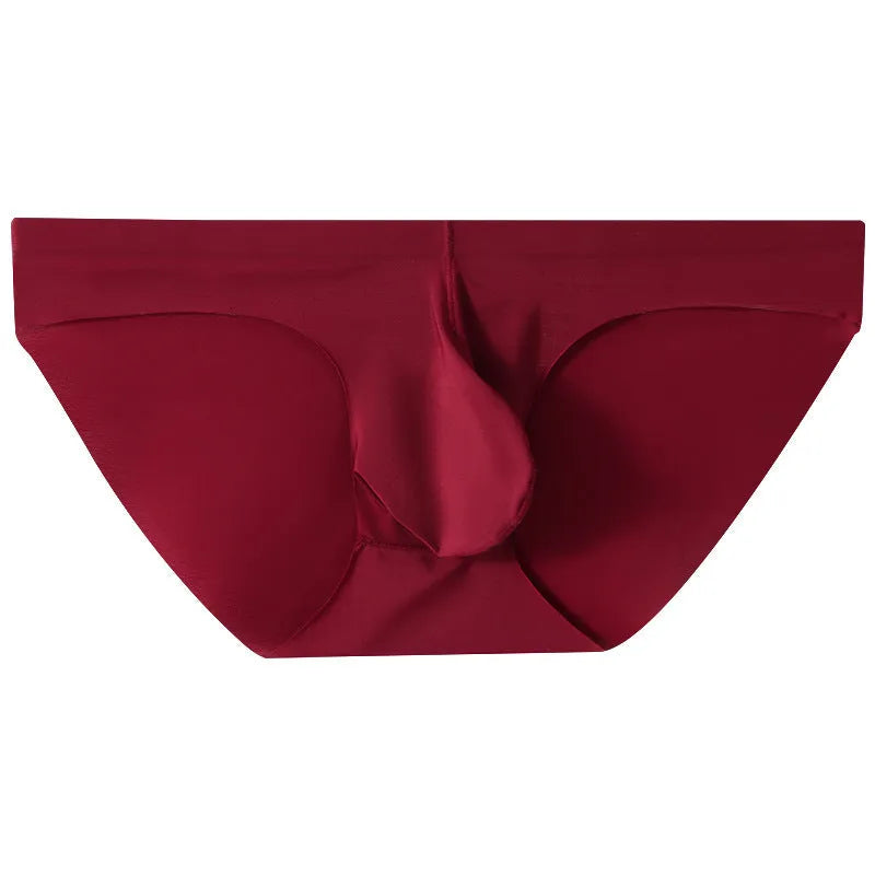 Men's black ice silk seamless briefs with a defined bullet pouch contour.