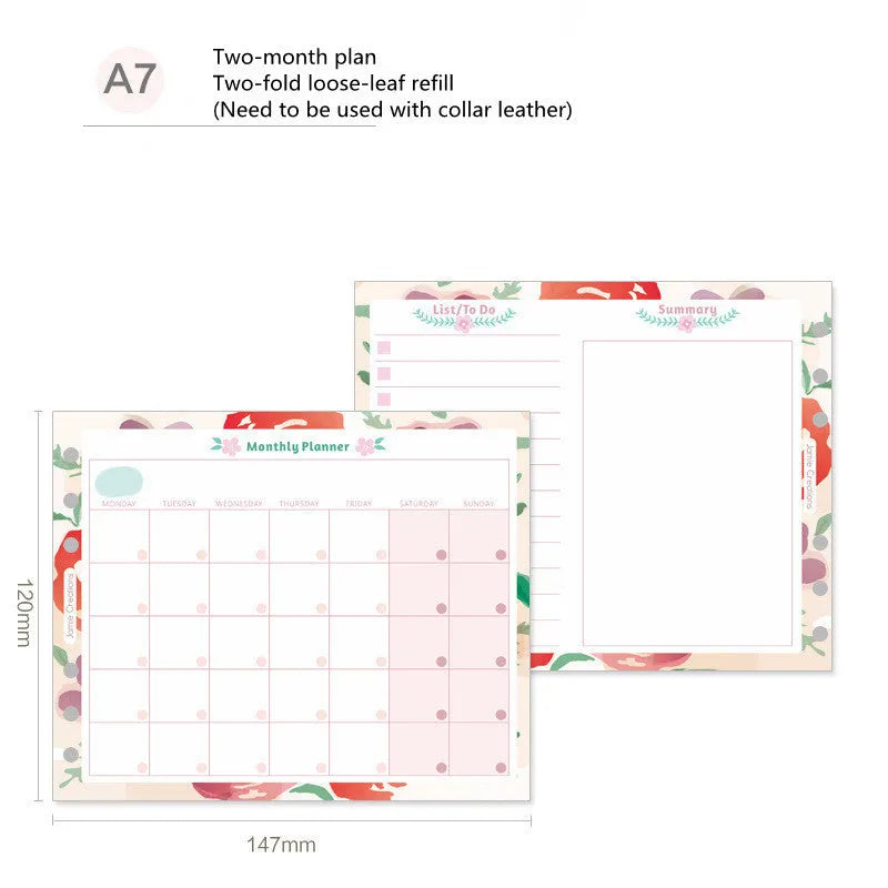 A5, A6, and A7 loose-leaf planner refill sheets showing floral and tri-fold layout designs