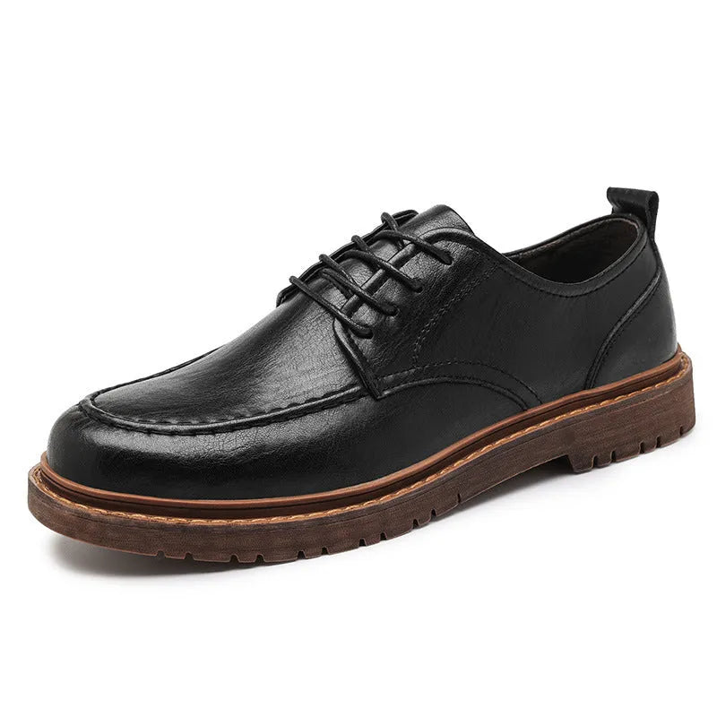 British casual leather shoes with round toe, two-layer cowhide upper and flat rubber sole
