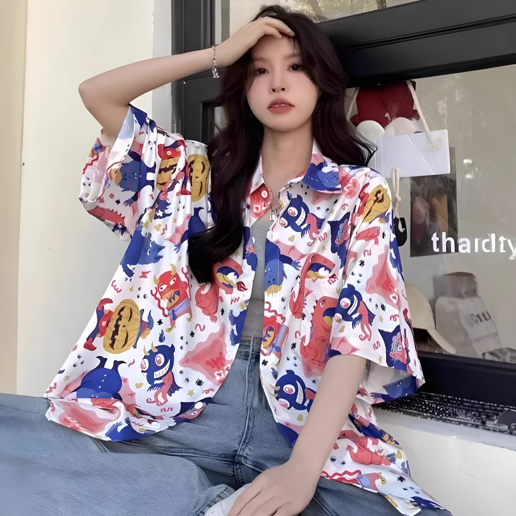 Women's summer retro full printed short-sleeved shirt in loose fit polyester, available in multiple sizes