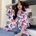 Women's summer retro full printed short-sleeved shirt in loose fit polyester, available in multiple sizes
