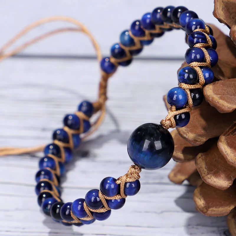 Handwoven geometric bracelet with genuine tigereye or amethyst stones and adjustable closure