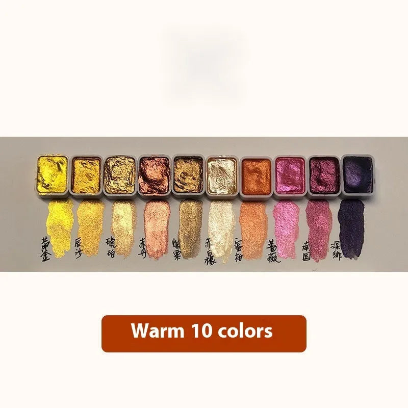 Traditional Chinese painting mineral pearlescent watercolour set showing tubes of red, white, gold, and warm and cool colour palettes.