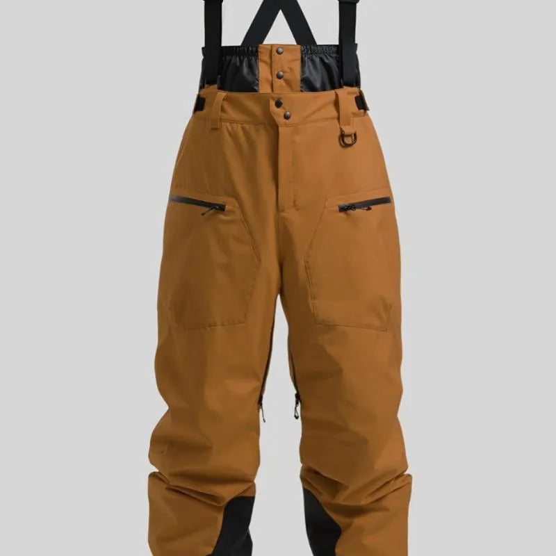 Men's black waterproof ski trousers with adjustable belt straps made from thick linen fabric.