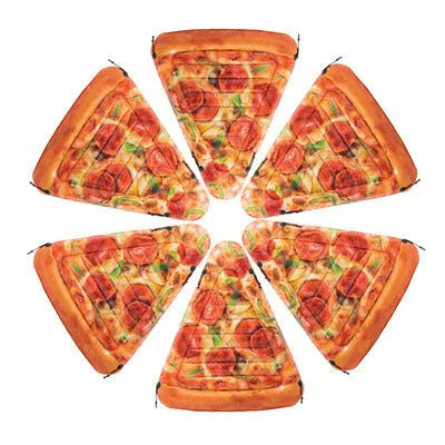 Pizza-themed inflatable surfboard recliner floating in water with vibrant colours and 175cm dimensions