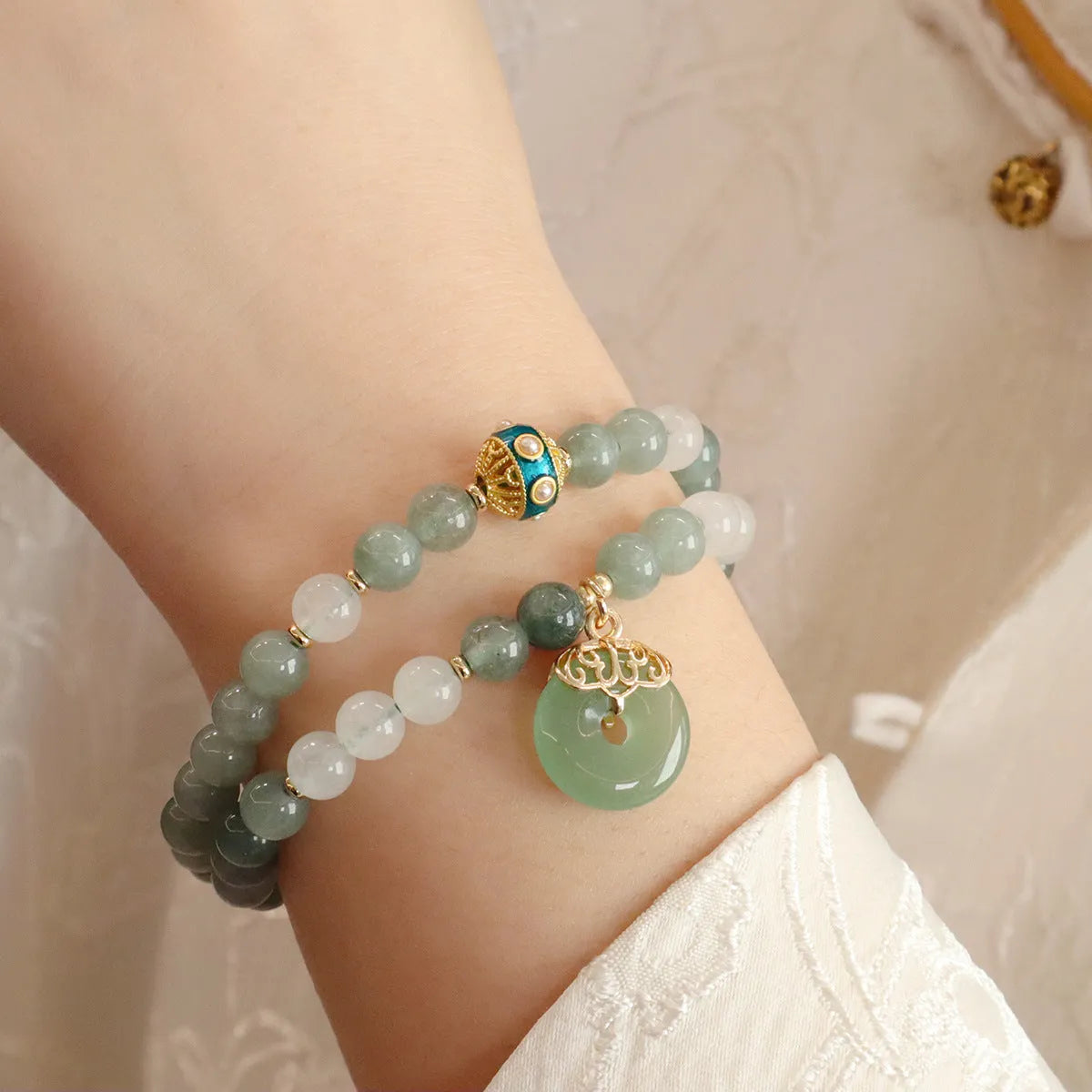 Women's Myanmar jade safety buckle bracelet with geometric beads and peace buckle pendant