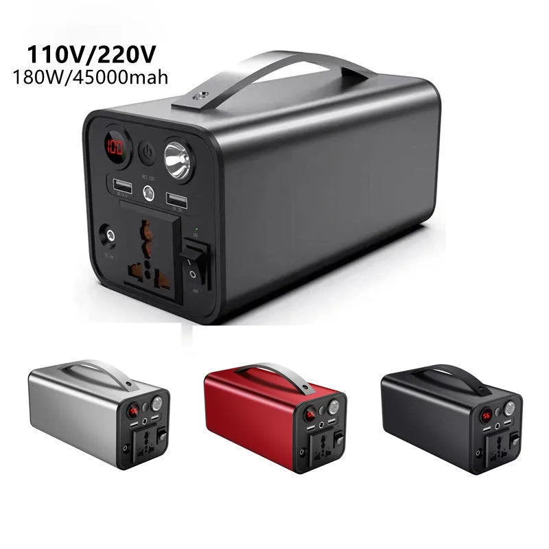 Portable 45000mAh power station with AC DC USB outputs and solar input in black colour