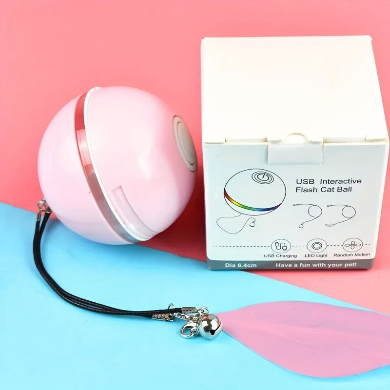Electric cat toy with LED light and feather attachments in Pink colour on a white background