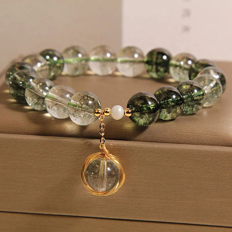 Natural chlorite crystal bracelet with green phantom quartz winding transfer beads, women's style