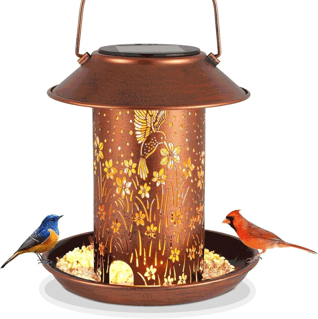 Solar-powered iron art hummingbird feeder garden lamp with LED lights and waterproof construction
