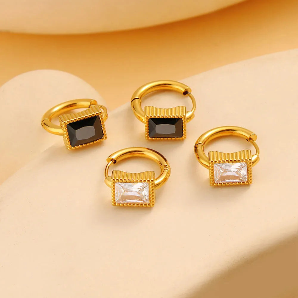 Square zircon stainless steel geometric earrings in black, green and white colours