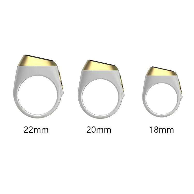 Zikr1 metal smart ring with OLED screen on a finger, showing a Tasbih count.