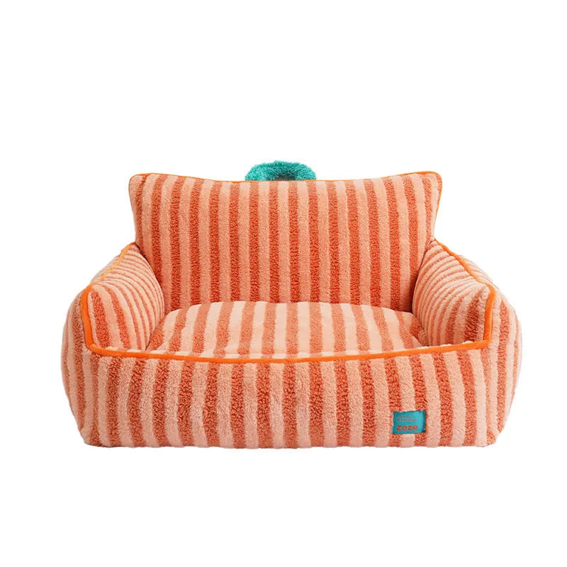 Striped soft velvet pet bed for dogs with plush fabric construction in orange, purple and yellow colour options