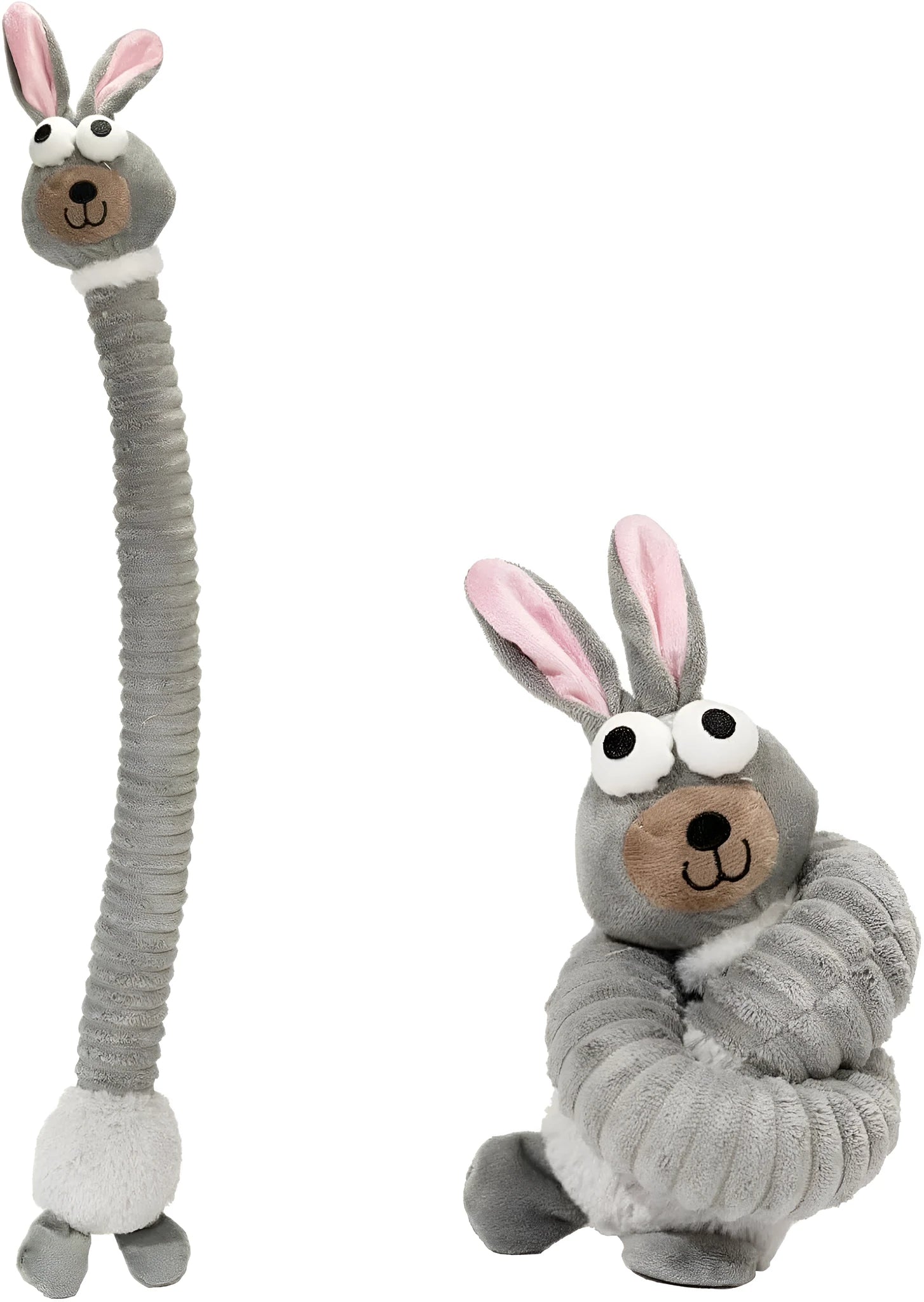 Foldable plush dog toy with squeaky and crinkle features in brown, grey and yellow colours