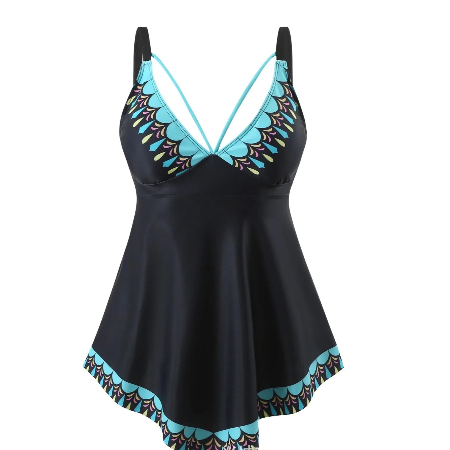 Plus size women's two-piece bikini swimsuit in quick-dry polyester fabric, backless design.