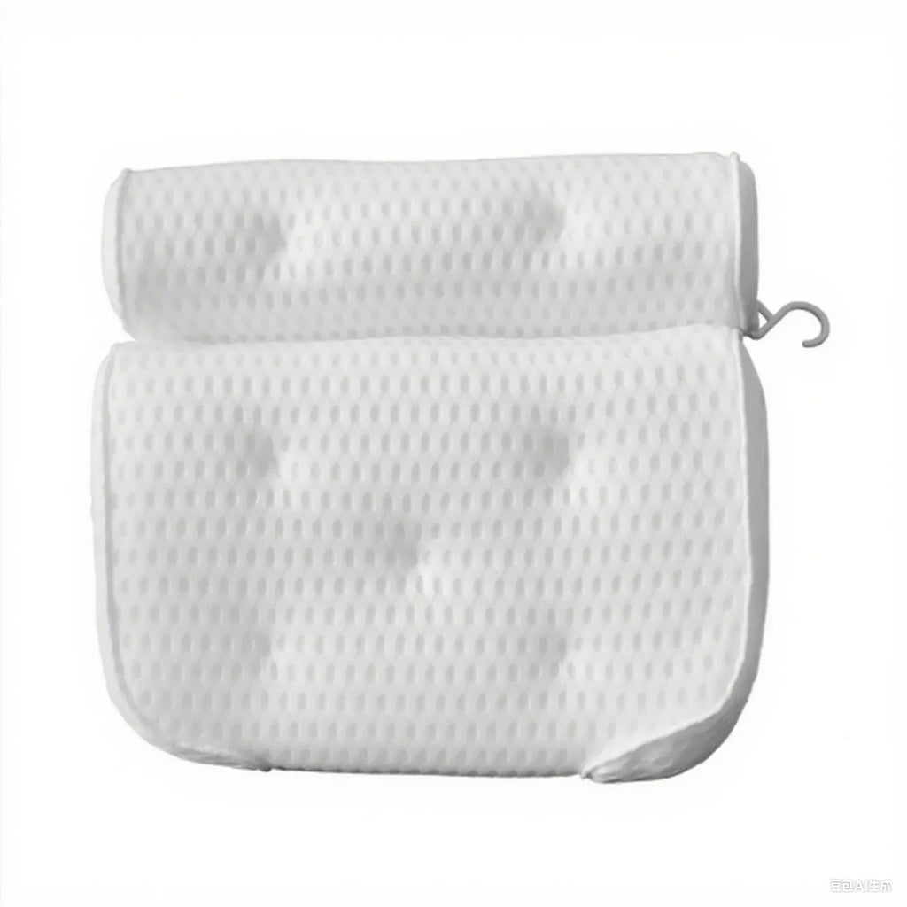 White 3D bathtub pillow with mesh fabric and suction cups on a bathtub edge.