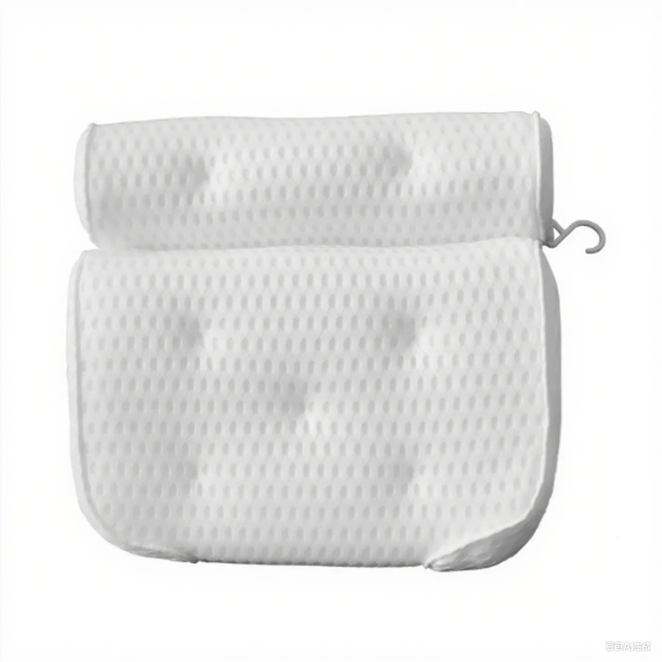 White 3D bathtub pillow with mesh fabric and suction cups on a bathtub edge.