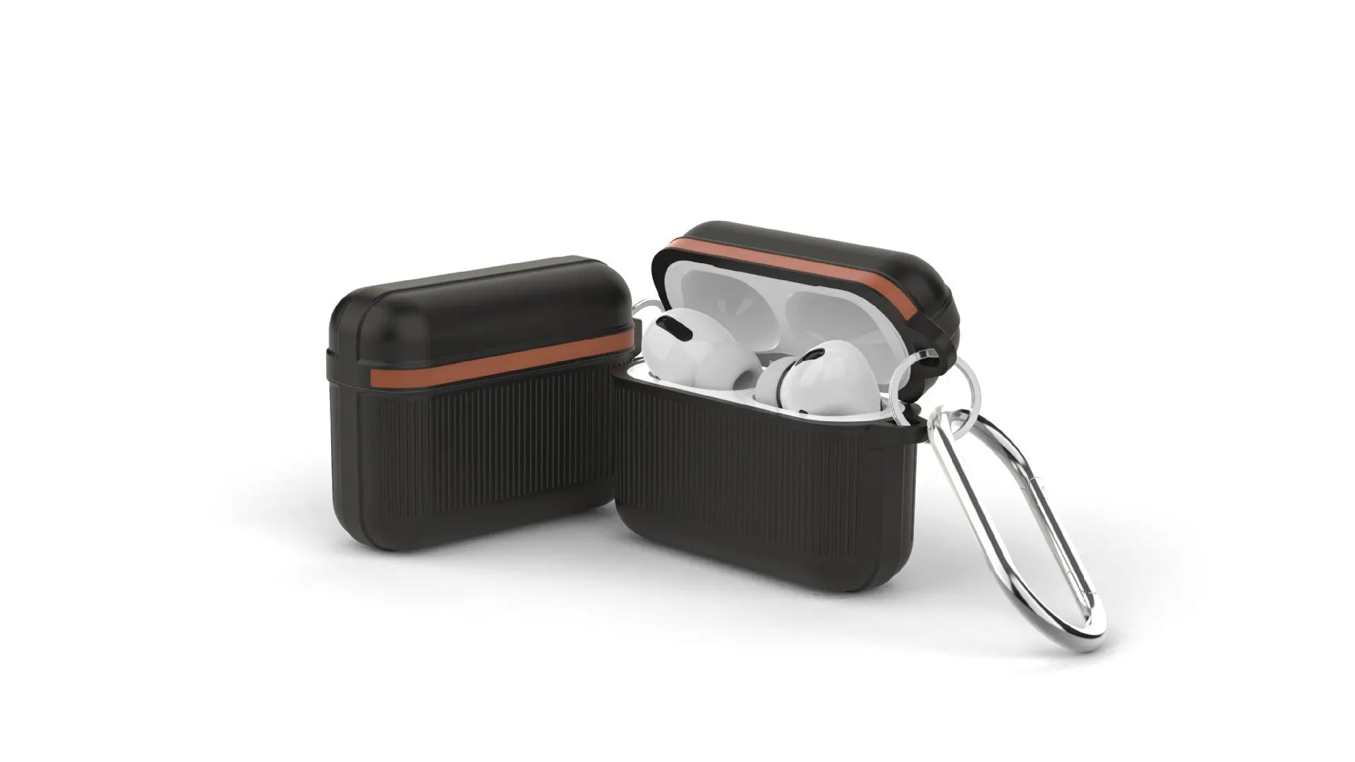 Silicone clamshell cover for Apple AirPods case in various colours, showing metal buckle.