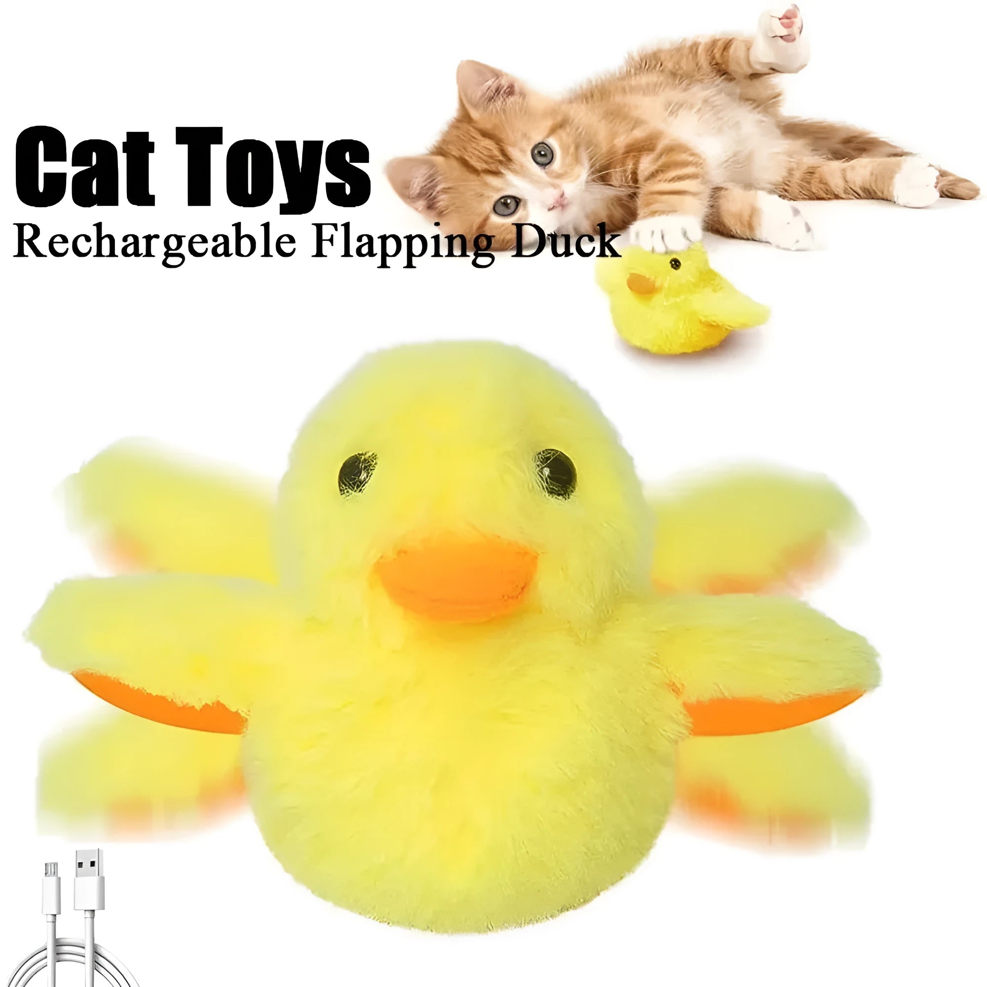 Yellow flapping duck cat toy with soft plush exterior, shown with a USB charging cable.