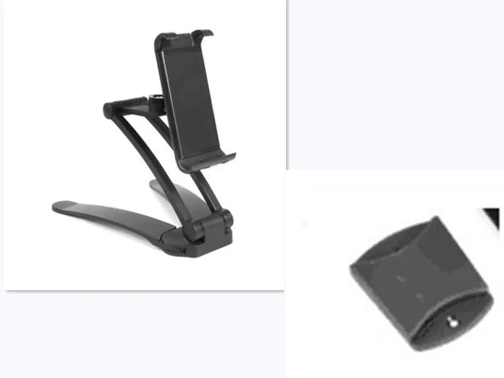 Silver aluminium desktop tablet stand with adjustable angle and folding clamp holding a tablet.