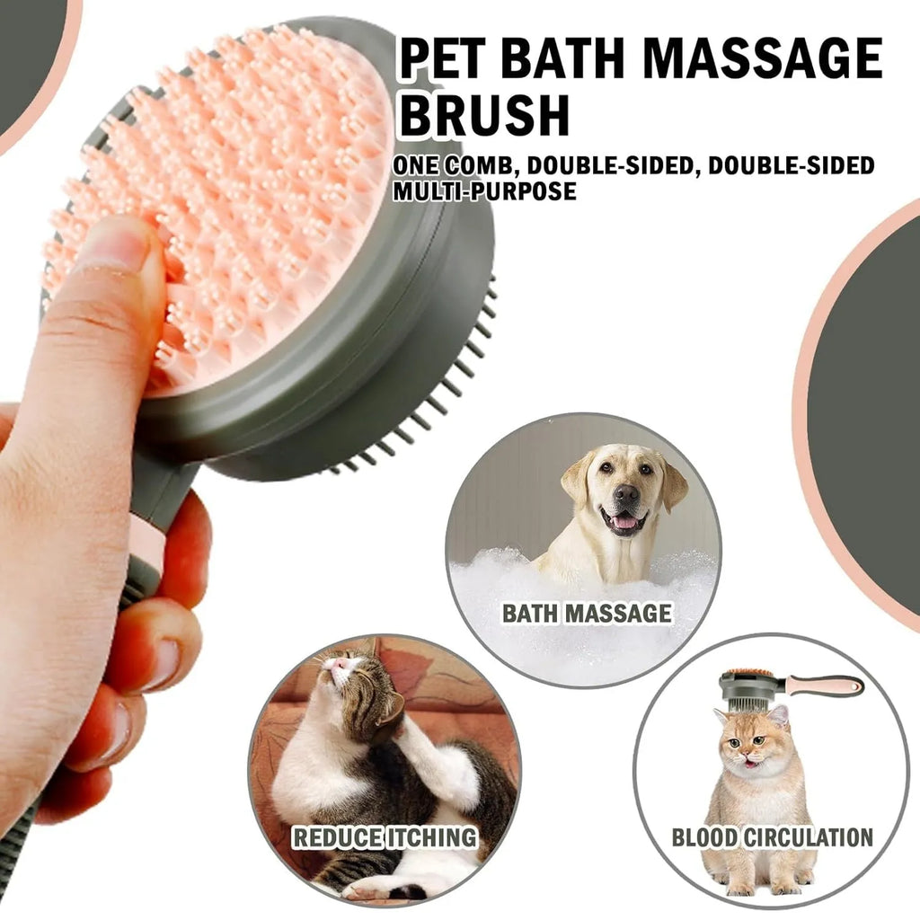 Pink and green double-sided cat grooming brush with flea comb attachment and release button
