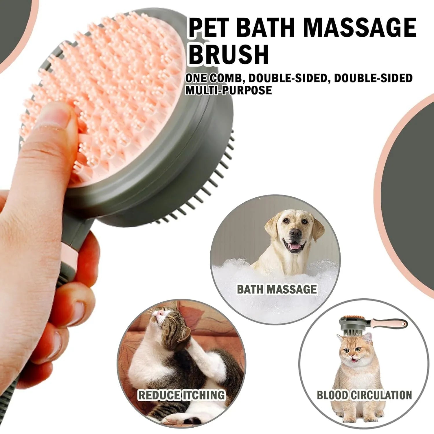 Pink and green double-sided cat grooming brush with flea comb attachment and release button