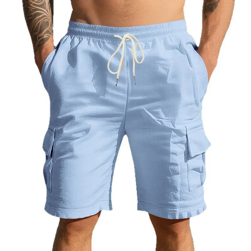 Men's air-permeable cotton and linen blend loose multi-pocket casual shorts in light blue